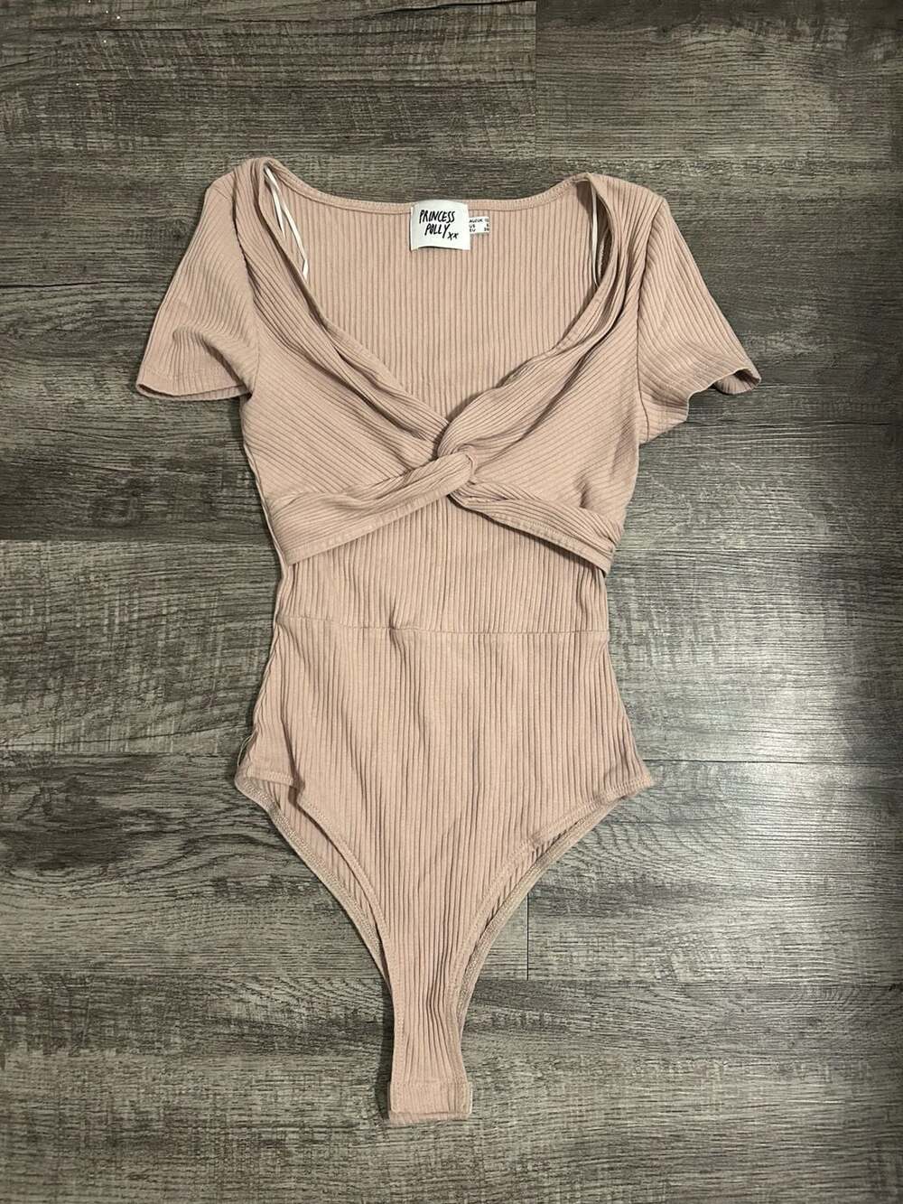 Princess Polly Ribbed Twist Front Cut Out Bodysuit Beige Size US 6